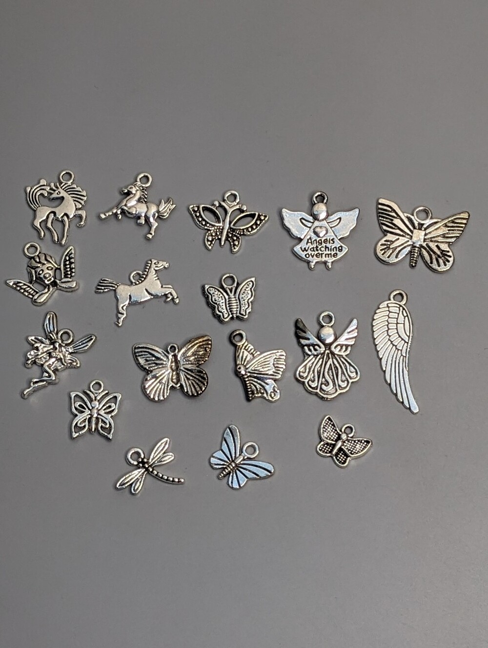 17 Silver Tone Angels Butterflies Unicorns Whimsical Fantasy Charm Lot Bracelet